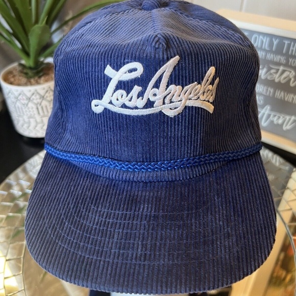 Los Angeles Dodgers Corduroy Script Snapback Hat Cap Med Blue Amapro MLB Vtg 80s - Picture 1 of 9